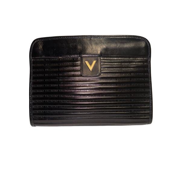 Vintage Valentino Garavani Leather Clutch Shoulder Bag Hand Bag Logo Black - Picture 5 of 11